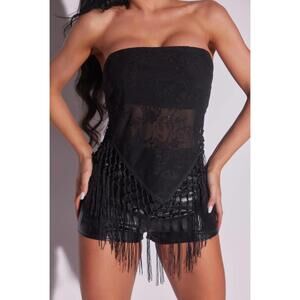 Black Embroidered Strapeless Fringe Handkerchief Top WFFS